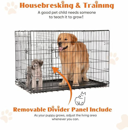 Dog Crate Kennel, 42 Inch Metal Pet Cage Double Door W/Divider Panel, Folding Travel Indoor Outdoor Dog Kennel Leak-Proof Plastic Tray Wire Animal Cage