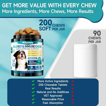 Dog Allergy Chews for Dog Itching Skin Relief, 200 Dog Allergy Relief Treats with Probiotics for Dogs, Immune Support & Skin Relief for Seasonal Allergies, Gut & Digestive Health, Chicken Flavor