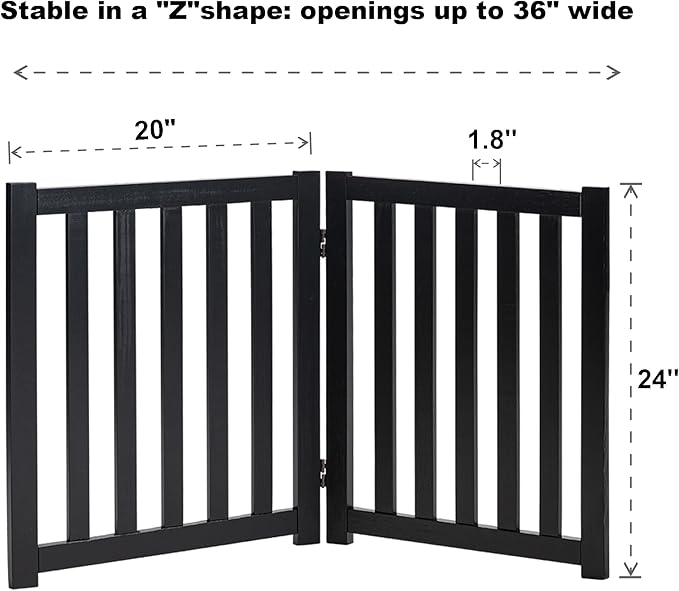 LZRS 2-Panel Wooden Free Standing Foldable Dog Gate Indoor – Solid Hardwood 24" High, Step-Over Safety Pet Gate for Doorways, Stairs & Small Spaces - Indoor Use, Black