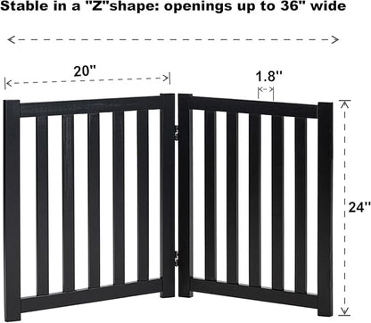 LZRS 2-Panel Wooden Free Standing Foldable Dog Gate Indoor – Solid Hardwood 24" High, Step-Over Safety Pet Gate for Doorways, Stairs & Small Spaces - Indoor Use, Black