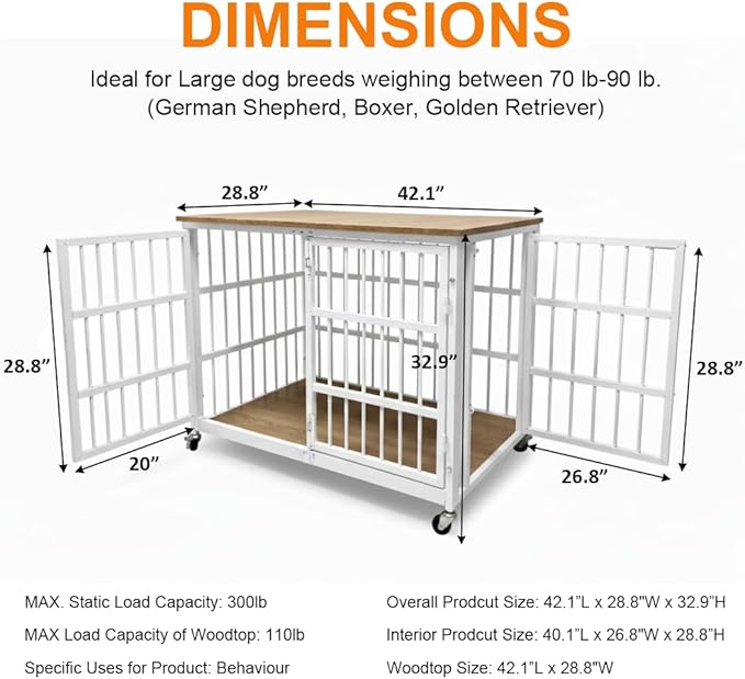Boldbone 42 inch Dog Crate Furniture, Heavy Duty Dog Kennel Indoor for Large Dogs, Escape-Proof and Chew-Proof Wooden Dog Cage for high Anxiety Dog, Decorate House as TV Stand, End Table
