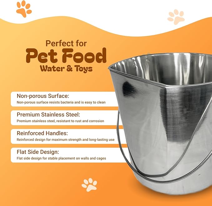 1 Quart Heavy Duty Stainless Steel Flat Side Bucket | Durable Food & Water Pail for Dogs, Cats, Kennels, Cages and Critter Crates | Multi-Purpose Bucket