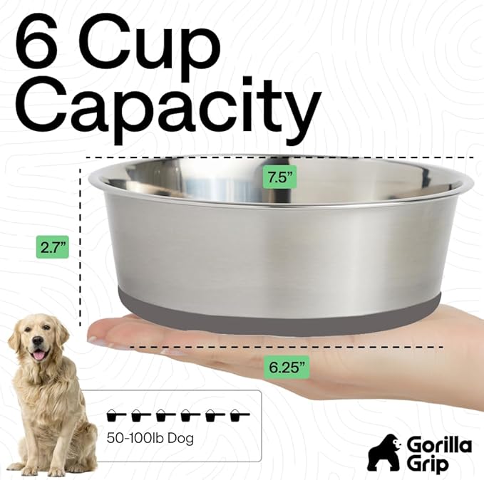 GORILLA GRIP Dog Bowls, Food Grade 304 Stainless Steel, Holds 6 Cups Each (48 fl oz) Food and Water Bowl for Feeding Dogs and Cats, Dishwasher Safe, Rust Resistant, BPA Free Rubber Base Set of 2 Gray