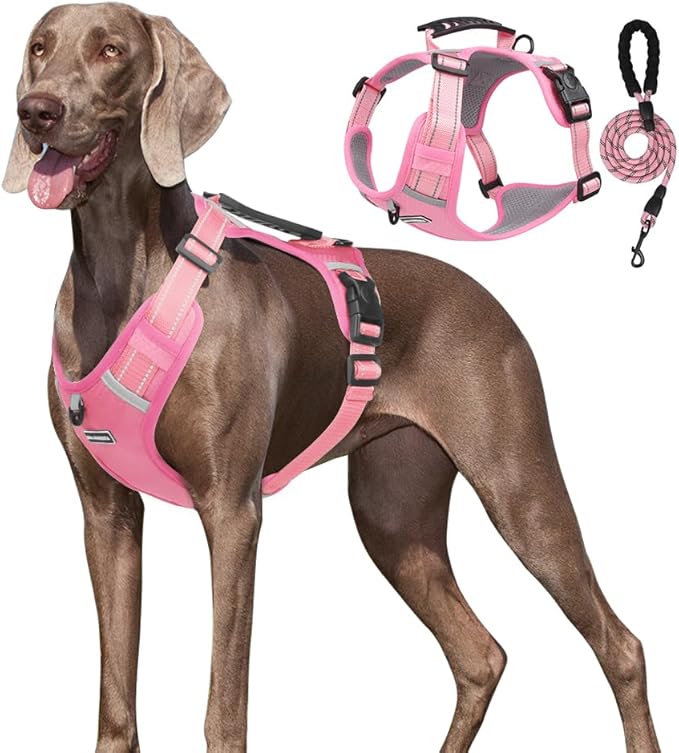 Dog Harness No Pull Adjustable Reflective,for Medium and Large Small Dog with Leash 59.06in (Pink, S)