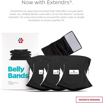 Pet Parents® Washable Belly Bands for Male Dogs (3pack) + Extendrs® of Durable Dog Diapers Male, Premium Male Dog Diapers & Dog Wraps (Medium, Black)