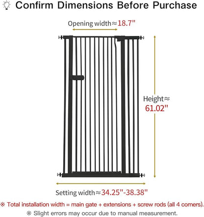 Lumizone Extra Tall Cat Gate 61.02" High Pressure Mounted Extra Wide 2025 New (17 Sizes) 1.37" Gap No Drilling Auto-Close One-Handed Operation Tall Pet Gate for Dogs(Black, 61.02" H x 34.25"-38.38" W)