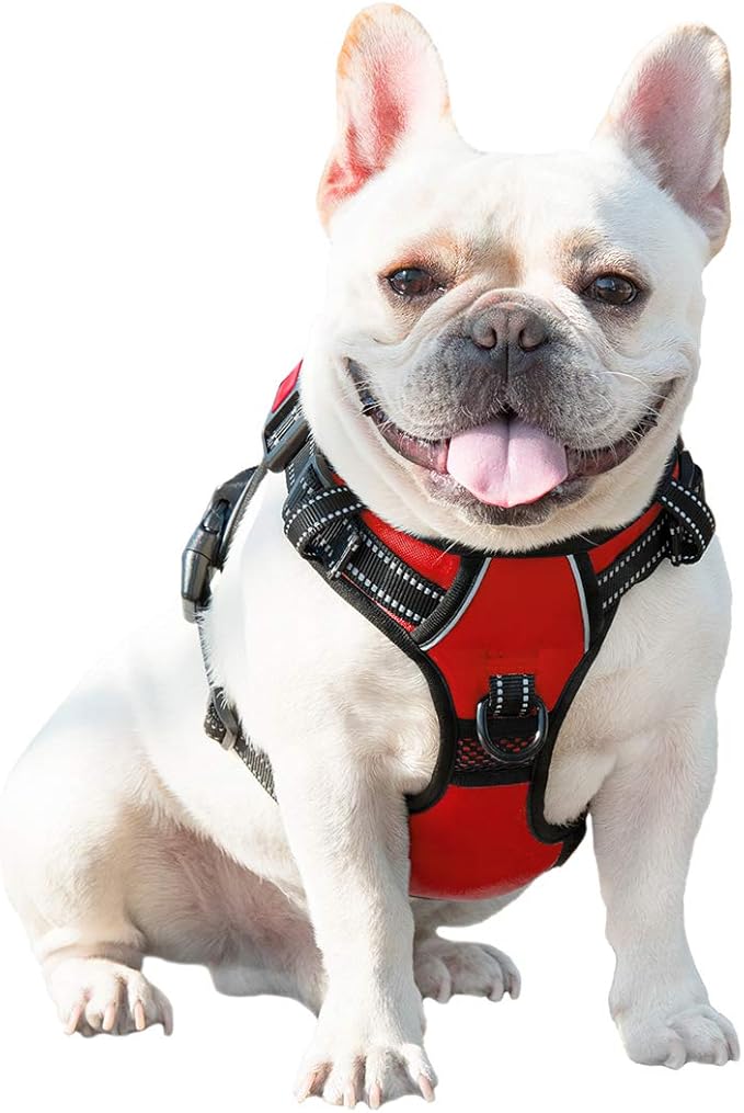 PHOEPET No Pull Dog Harness Medium Reflective Front Clip Vest with Handle,Adjustable 2 Metal Rings 3 Buckles[Easy to Put on & Take Off](M, Red)