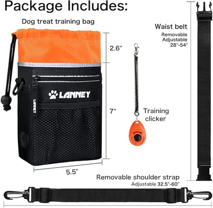 Dog Treat Pouch Pet Training Bag for Small to Large Dogs, Treat Tote Carry Kibble Snacks Toys for Training Reward Walking, Metal Clip, Waist belt, Shoulder Strap, Poop Bag Dispenser, Black with Orange