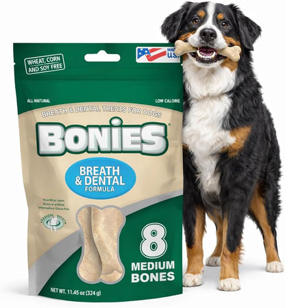 Bonies Breath and Dental Formula Treats for Dogs, All-Natural Ingredients, Fresh Breath, Cleans Teeth, Low Calories, Chicken Flavor - Medium, 8 Bones, 11.45-oz