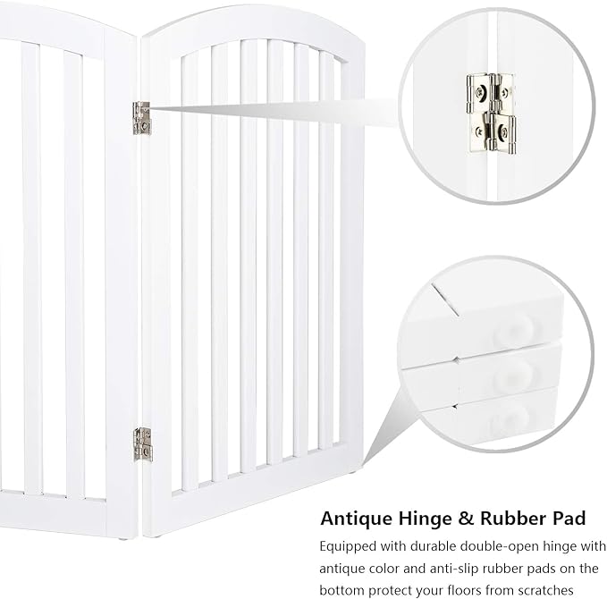 Bonnlo 30'' Tall White Freestanding Dog Gates for Doorways, Trifold Pet Gate Step Over Foldable Gate, Wooden 3 Panel Pet Gate Christmas Tree Fence with 3 PCS Foot Supporters, Up to 61'' Wide