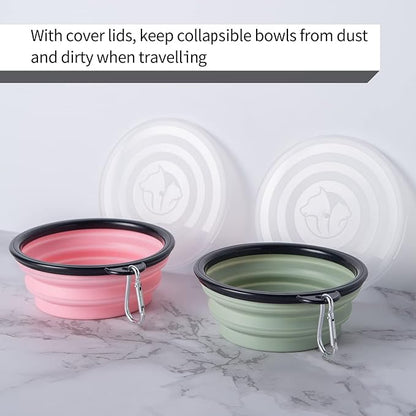 SLSON Collapsible Pet Feeder, 2 Pack Dog Bowls with Cover Lids, Portable Foldable Cat Water Dish Bowl for Pets, Small, Fairy Pink and Sprout Green