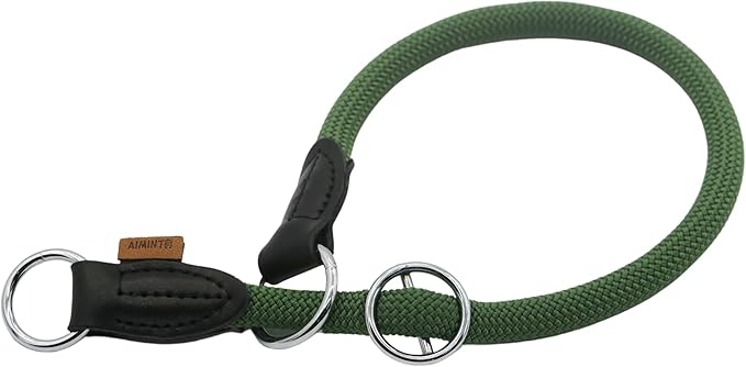 Braided Round Martingale Dog Collar, Training Collar with Slidable Stop Ring - Ideal for Large Dogs (L(1/2") - 22" Long, Dark Green)