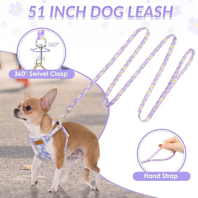 SlowTon Dog Harness Small Sized Dog - Soft XXS Dog Harness and Leash Set No Pull No Chock, Adjustable Lightweight Puppy Harness for XS Small Medium Dogs Cats (Purple Dasiy, XXS)