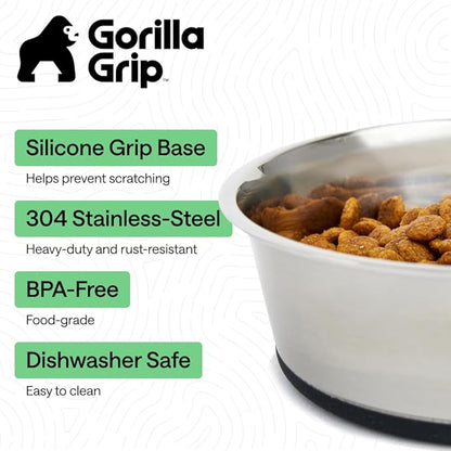 GORILLA GRIP Dog Bowls, Food Grade 304 Stainless Steel, Holds 8 Cups Each (64 fl oz) Food and Water Bowl for Feeding Dogs and Cats, Dishwasher Safe, Rust Resistant, BPA Free Rubber Base Set of 2 Black