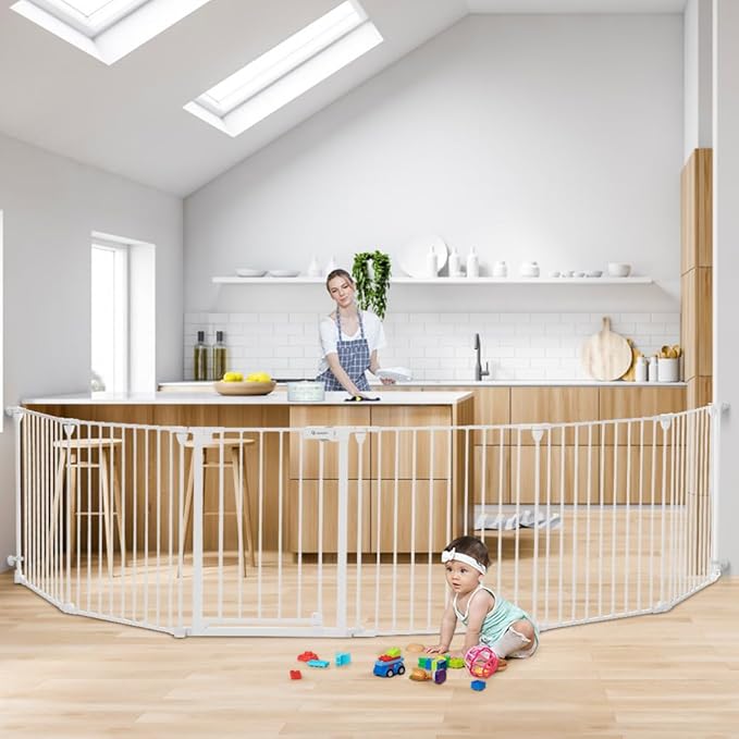 COMOMY 150" Extra Wide Baby Gate with Door, Dog Gates for The House Doorways Fireplace, Auto Close Baby Fence Play Area, Walk Through Pet Gate, Hardware Mounted, 6-Panels (30" Tall, White)