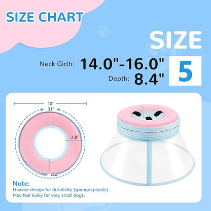 Sponge Core Dog Cone, Inflatable Dog Cone Collar Alternative, Dogs Donut Collar After Surgery, Soft Cone for Large Medium Small Dogs to Stop Licking, No Inflation Required, Clear View(Size 5, Pink)