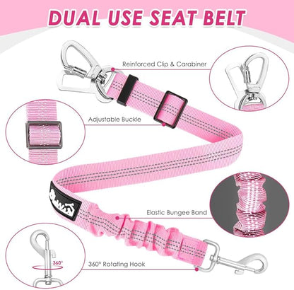 SlowTon Dog Seatbelt, 2 Pack Dog Seat Belt Car Leash Adjustable Elastic Bungee Buffer Heavy Duty Nylon Reflective Pet Safety Tether Connect to Dog Harness for Travel Riding in Vehicle (Daul Clip, PI)