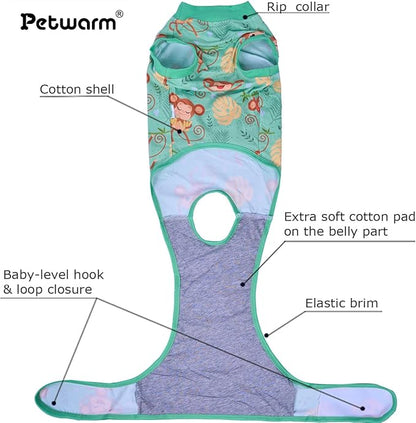 PetWarm Dog Surgical Recovery Suit Male, Recovery Suit for Dogs After Surgery, Collars and Cones Alternative Dog Abdominal Wounds Bandages, Onesies for Dogs, Monkey Pattern, Green, XS