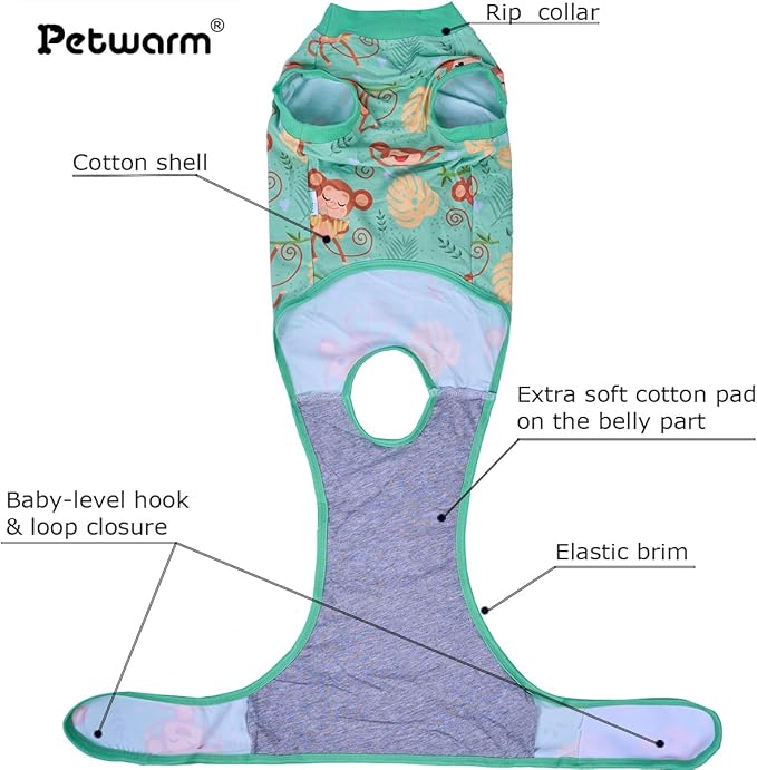 PetWarm Surgery Suit for Dogs Female, Dog Surgery Suit Female Spay, Collars and Cones Alternative Dog Abdominal Wounds Bandages, Onesies for Dogs, Monkey Pattern, Green, XL