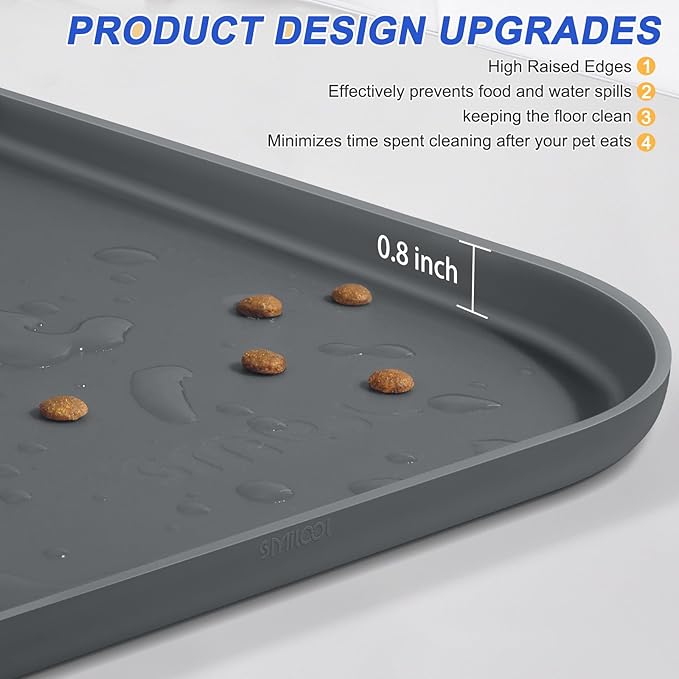 SMILOOL Silicone Pet Feeding Mat with Raised Edge for Food and Water, Dog Bowl Mats, Cat Bowls Placemat with High Lip for Floor Waterproof, Rubber Tray for Cats and Dogs 24 x 16 x 0.8 Dark Grey
