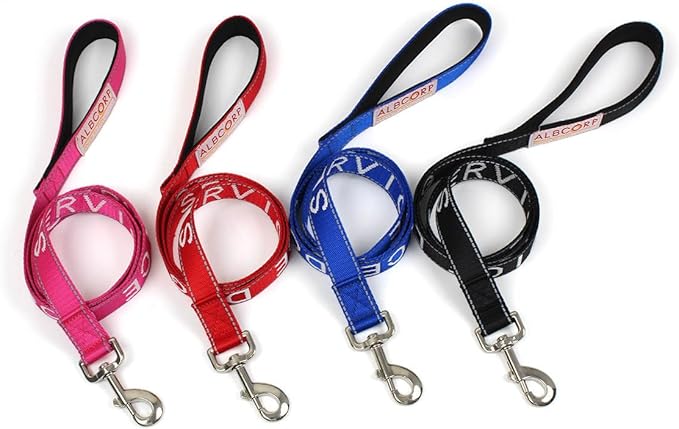 Albcorp Service Dog Leash - Embroidered- with Padded Neoprene Handle and Reflective Threads, 4 Feet, for Harnesses, Vests or Collars, Maroon