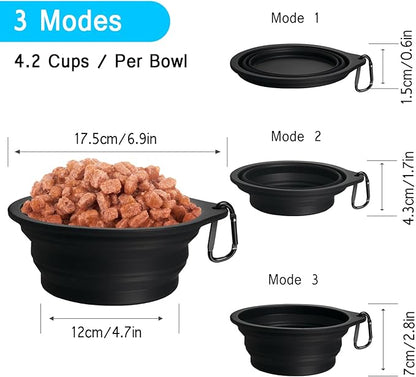 PetBonus 2-Pack Large Silicone Collapsible Dog Bowls, 34oz/1000ml BPA Free Portable Foldable Travel Bowl for Pet Cat, Food Water Feeding Dish for Camping with 2 Carabiners (Black, Black)