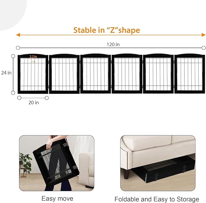 LZRS 6-Panel Extra Wide Wooden Freestanding Dog Gate: Foldable Solid Wood and Steel Wire Chew Resistant Safety Barrier for Doorways, Stairs, and Open Long Spaces Indoor Use,Dark Black