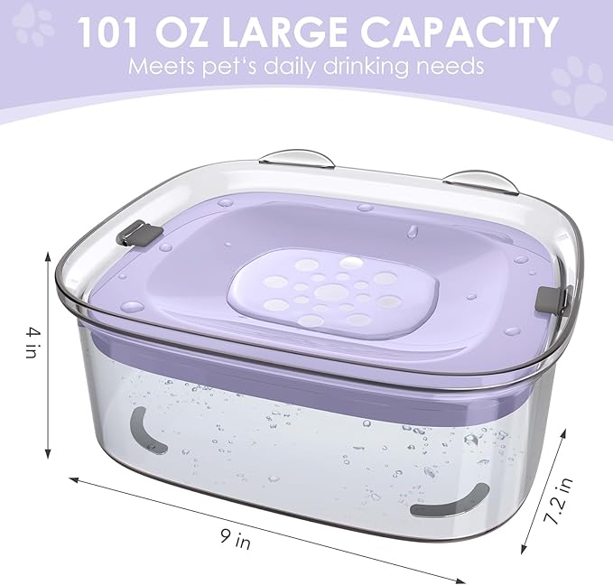 AONKEY 3L Dog Water Bowl No Spill, 101oz Large Spill Proof Dog Bowl Reduce Refill, Anti Splash No Mess Dispenser Dripless Slow Drinking Water Bowl for Sloppy Messy Drinkers (Violet)