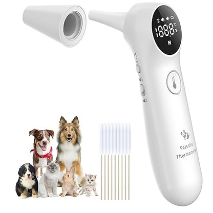 Pet Ear Thermometer for Dogs, Cats, and Livestock, Long Probe Designed, ℃/ ℉ Convert and Sound Switch Dedicated Button, 1 Second Measurement, 20 pcs Pet Swabs Included(White)