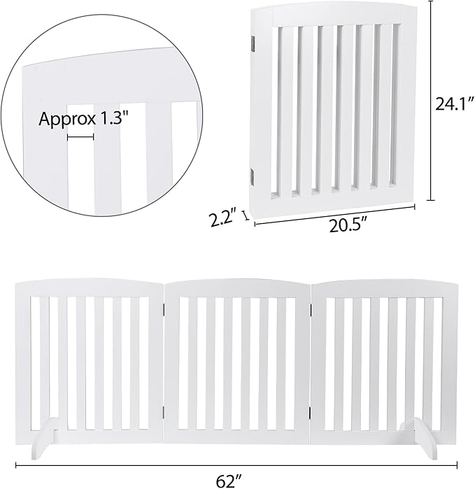 Dog Gate 61 x 24 Inch Freestanding Indoor Pet Door for House Doorways Stairs Halls, Foldable Wood Safety Fence 3 Panels, White