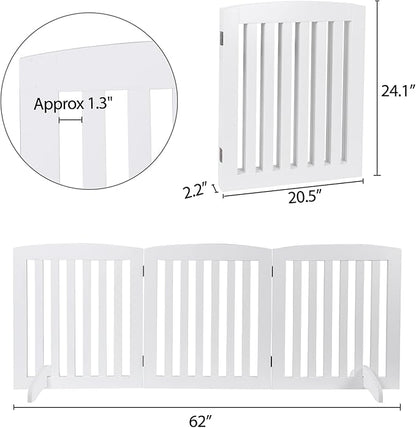 Dog Gate 61 x 24 Inch Freestanding Indoor Pet Door for House Doorways Stairs Halls, Foldable Wood Safety Fence 3 Panels, White