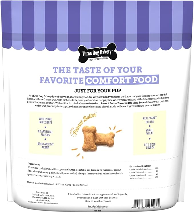Three Dog Bakery Itty Bitty Bones Peanut Butter Dog Treats, 32oz - Crunchy Bones for Dog Training Treats, Real Peanut Butter Puppy Training Treats, Dog Bakery Treats