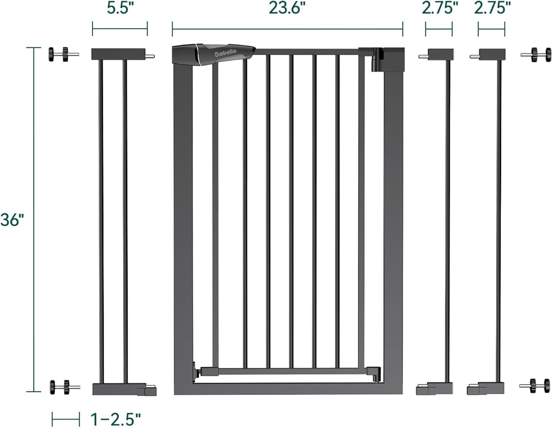 Babelio 36" Tall Baby Gate, 26-40" Wide Auto Close Pet Gate, PressGuard C5 Pressure Mounted Metal Dog Gate, Easy-Install No Drilling, No Tools Needed, with Wall Protectors and Extension Kits, Black