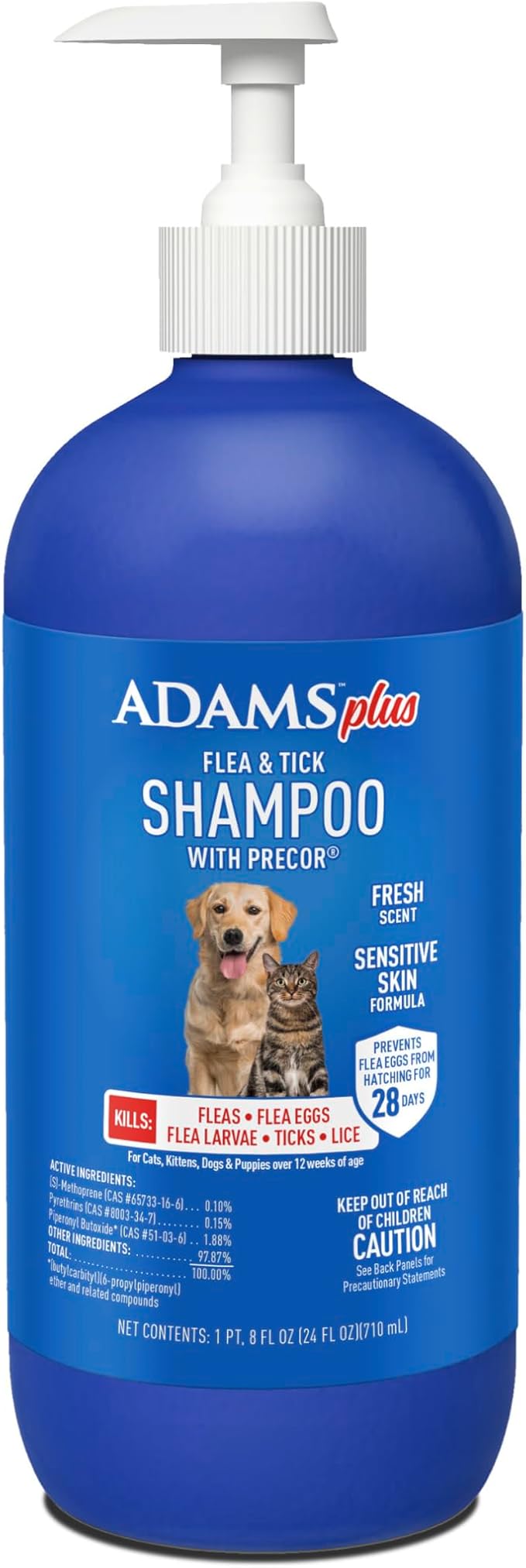 ADAMS Plus Flea & Tick Shampoo with Precor for Dogs, Cats, Puppies & Kittens, Flea Shampoo to Treat Flea Infestations, Kills Ticks, Fleas, Flea Eggs & Lice, Cleans and Conditions Coat, 24 Ounces