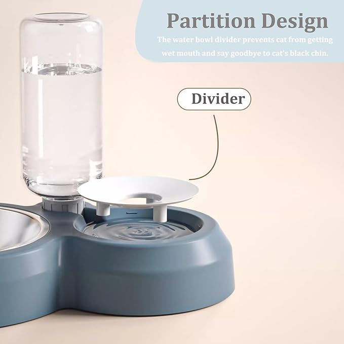 Double Dog Cat Bowls, Pets Food and Water Bowl Set with Automatic Water Dispenser and Stainless Steel Bowl Silicone Dog Bowl Mat, Gravity Feeder for Cats and Small Dogs Puppies (Sky Blue)