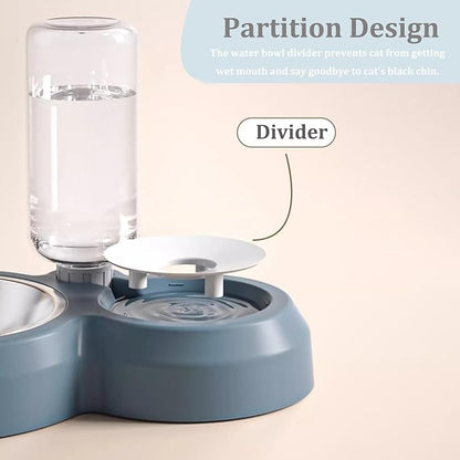 Double Dog Cat Bowls, Pets Food and Water Bowl Set with Automatic Water Dispenser and Stainless Steel Bowl Silicone Dog Bowl Mat, Gravity Feeder for Cats and Small Dogs Puppies (Sky Blue)