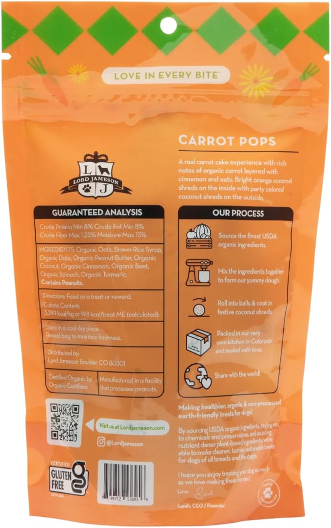 Lord Jameson: Carrot Pops 6 oz - Dog Patisserie Treats, Organic Soft & Chewy No-Bake Bites, Fiber-Rich, Gluten & Preservative Free
