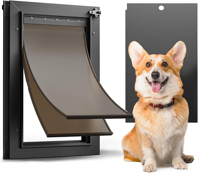 Dog Door for Door, Doggy Door Doggie Door, Medium Dog Door All Aluminum Black, Heavy Duty Pet Door, Double Magnetic Flaps, Thermal Tnsulation, Energy Efficient, Sliding Lock Panel (Pets Up to 45Lb)