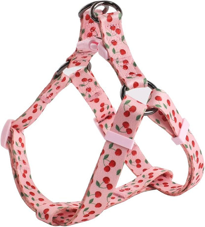 Harness and Leash Set, Floral Pattern, 5ft Matching Leash, No Pull, Easy Wear for Medium Dogs.(M, Pink Cherry)