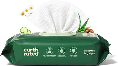 Earth Rated Pet Wipes for Dogs and Cats, Hypoallergenic, 3-in-1 Cleaning, Deodorizing and Hydrating, for Grooming Paws, Body and Butt, Unscented, 100 Count