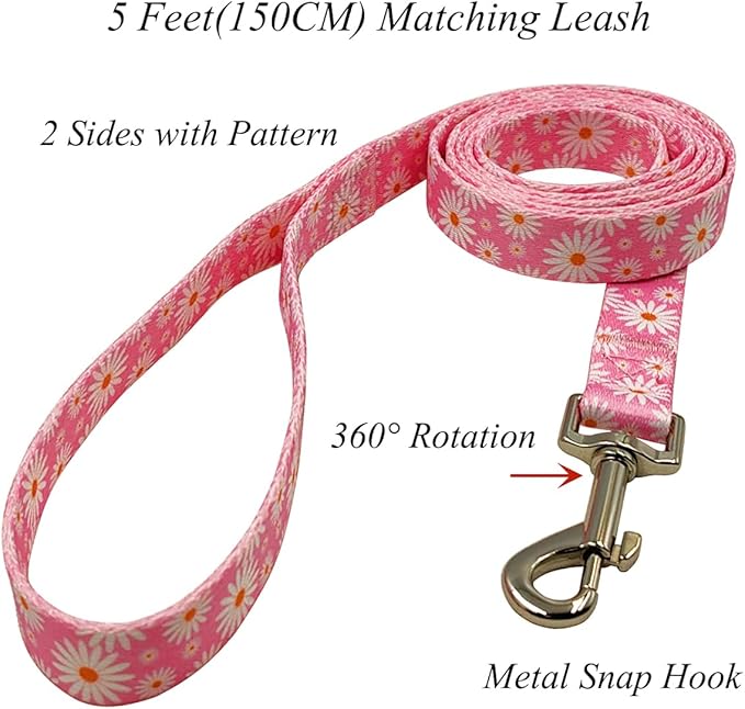 Dog Collar Leash Set, Floral Pattern, Polyester Material, Adjustable Collar and 5ft Matchcing Leash, for Large Dogs.(L, Light Pink Daisy)