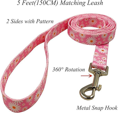 Dog Collar Leash Set, Floral Pattern, Polyester Material, Adjustable Collar and 5ft Matchcing Leash, for Large Dogs.(L, Light Pink Daisy)