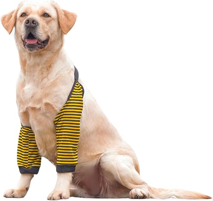 HDKUW Dog Elbow Protector for Calluses, Recovery Suit for Front Legs, Cone Collar Alternative to Stop Licking Wounds, Cover Sleeve for Small Medium Large Dogs - Black Yellow 2XL