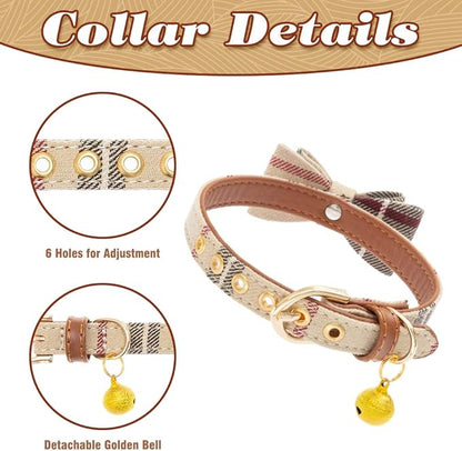 EXPAWLORER Dog Collar and Leash Set - Classic Plaid Dog Bow Tie and Dog Bandana Collar with Bell, Dog Leash Tangle Free, Adjustable Collars for Small Medium Large Dogs Cats, Holiday Ideal Gift