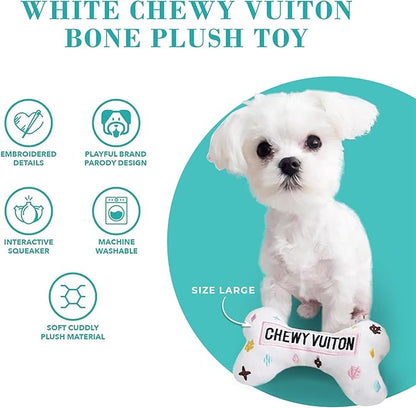 Haute Diggity Dog Chewy Vuiton Bone Plush Squeaky Dog Toy, Soft Durable Designer-Inspired Stuffed Puppy Chew Toys for Small, Medium & Large Dogs, Machine-Washable (White) XL