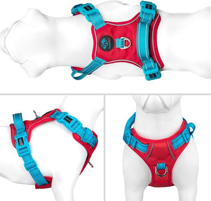 PHOEPET No Pull Dog Harness, Unique Colors Reflective Adjustable Dog Vest, with Soft Training Handle Metal Clips for Small Medium Large Dogs (Red Base & Teal Straps,XS)
