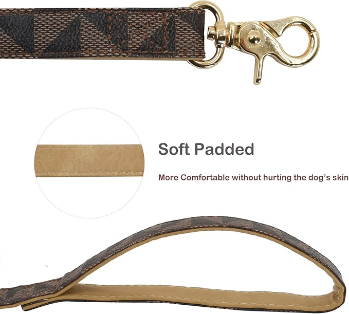 Leather Dog Collar and Leash Set, Check Pattern Dog Collar Leashes Metal Buckle Adjustable Durable for Small Medium Large Dogs (Brown, S(11.4-13.4IN))