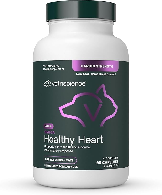 VetriScience Omega Healthy Heart Easy-Open Capsules, Cardio Strength Taurine and Omega-3 Supplement for Dogs and Cats, Heart Support Supplement for Pets, 90 Count