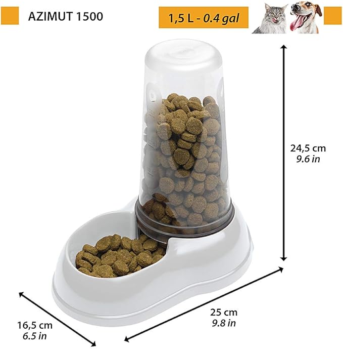 Ferplast Food or Water Dispenser for Dogs and Cats AZIMUT 1500 Pet Dispenser 1, 5 Liter Dry Food Feeder Water Feeder, Sturdy Plastic, Non-Slip Bottom, 16,5 x 25 x h 24,5 cm White