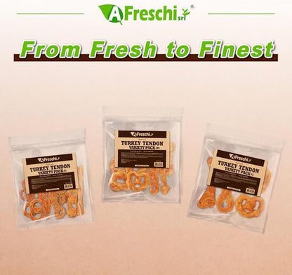 A Freschi srl Turkey Tendons for Dogs, USA-Sourced, Healthy Dog Treats, Rawhide-Free Puppy Chews, Long Lasting, All Natural, Hypoallergenic Dog Treats for Small Breeds, 8 oz Pack Variety (S)